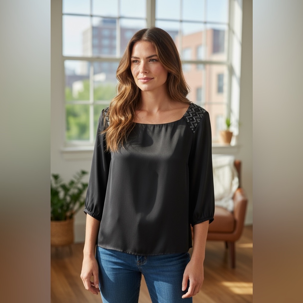 MAISON SCOTCH Beaded Satin Black Blouse 3 Large Scotch & Soda